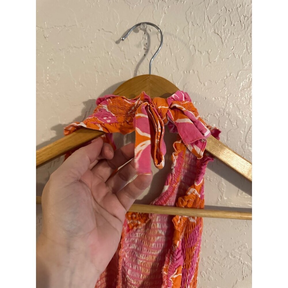 Y Japna Rayon Orange & Pink Beachy Crinkle Floral Print Feminine Spring Dress - Picture 5 of 9
